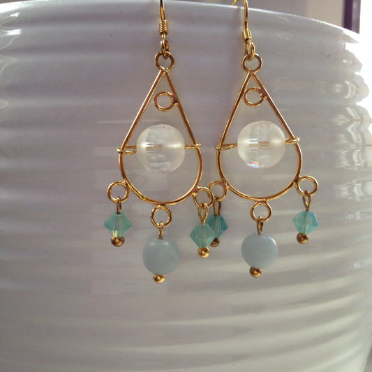 Angelite & Quartz crystal gemstone Swarovski gold chandelier 925 earrings