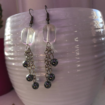 Quartz cube & Hematite crystal gemstone black earrings