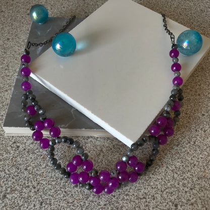 Purple Quartz & Larvikite (black moonstone) Gemstone statement collar necklace