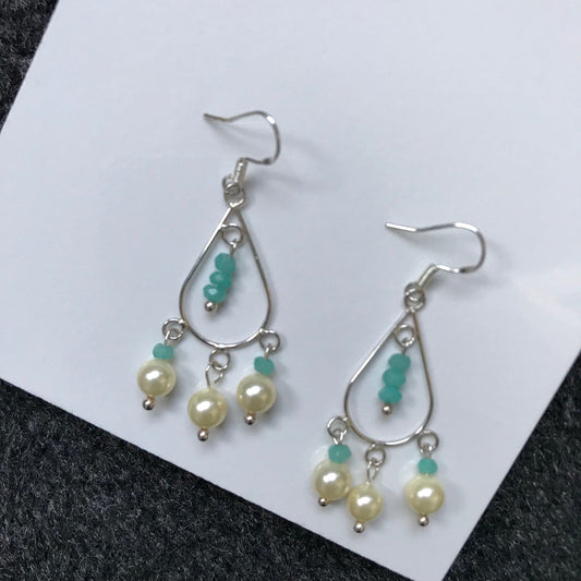 Aqua Chalcedony & Cream Shell Pearl Gemstone 925 chandelier earrings