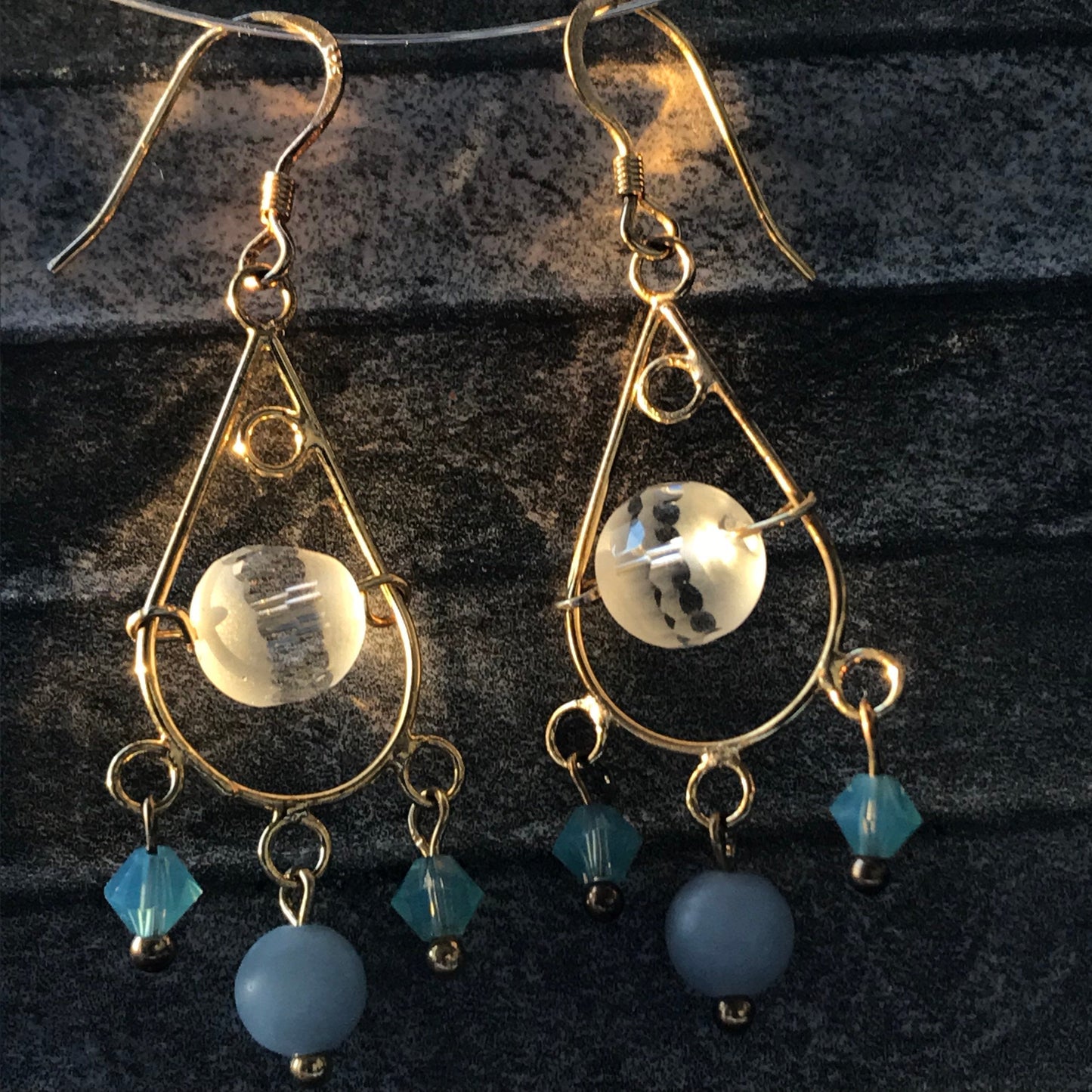 Angelite & Quartz crystal gemstone Swarovski gold chandelier 925 earrings