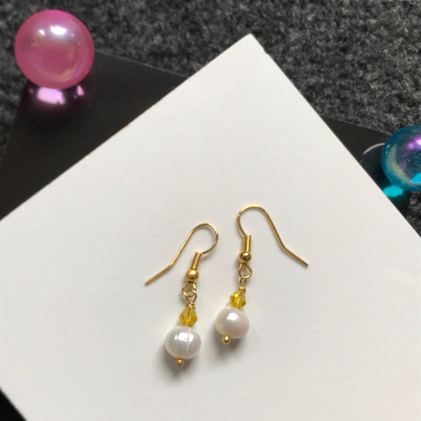 White Cultured Pearl Gemstone & Yellow Crystal Drop Earrings - Gold