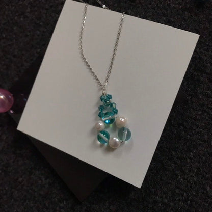 Aqua Aura Quartz & Pearl Gemstone Crystal Pendant Necklace
