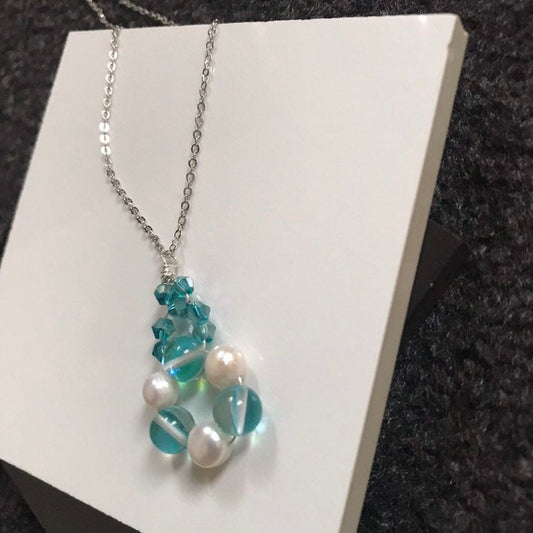 Aqua Aura Quartz & Pearl Gemstone Crystal Pendant Necklace