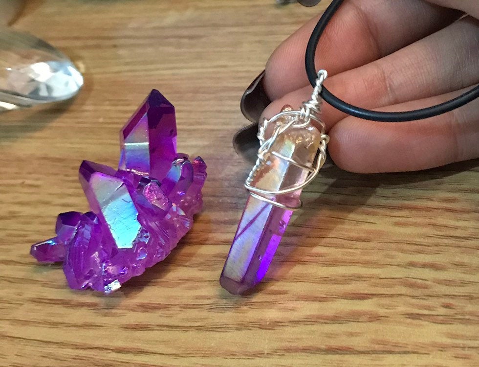 Champagne & Purple Aura Hybrid Quartz Crystal Gemstone Necklace