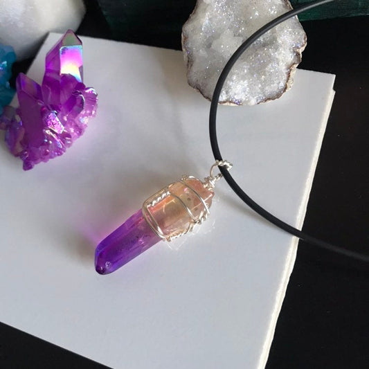 Champagne & Purple Aura Hybrid Quartz Crystal Gemstone Necklace