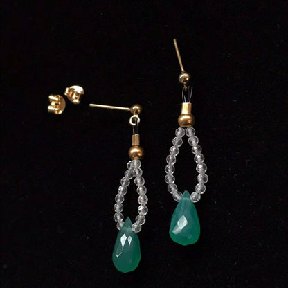 Green Onyx briolette & Quartz Crystal Gemstone 925 gold teardrop earrings