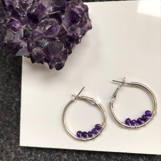 Purple Quartzite Crystal Gemstone - Beaded Crystal Silver Hoop Earrings