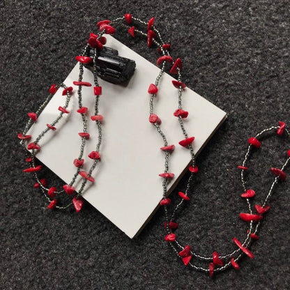 Red Coral Rough Gemstone Crystal - Silver Seed Bead Endless Necklace