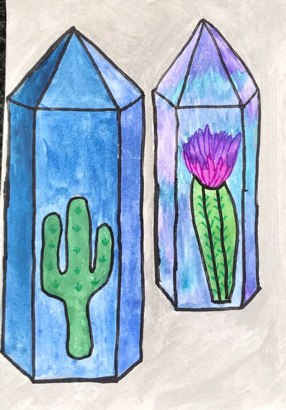 Succulent Cactus - Blue Fluorite Gemstone Crystal - Original Watercolour Framed Painting