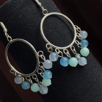 Pastel Quartz & Jade Gemstone silver hoop Chandelier Earrings