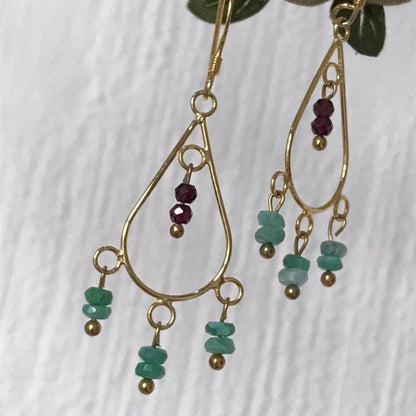 Emerald & Rhodolite Garnet Gemstone Chandelier Gold 925 Earrings