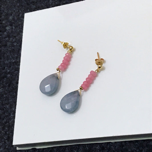 Pink & Grey Quartzite Crystal Gemstone Teardrop linear Gold Earrings