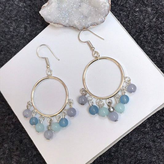 Pastel Quartz & Jade Gemstone silver hoop Chandelier Earrings