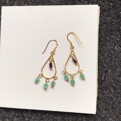 Emerald & Rhodolite Garnet Gemstone Chandelier Gold 925 Earrings