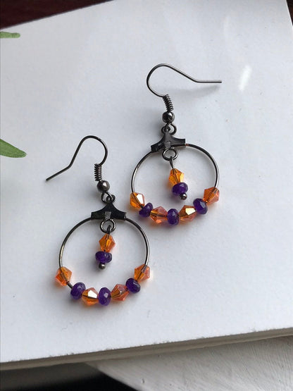 Purple Quartzite Gemstone & Orange Swarovski Crystal Hoop Black Earrings