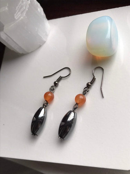 Orange Quartz & Hematite crystal gemstone earrings