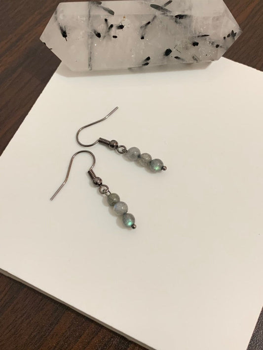 Labradorite Crystal Gemstone Black Metal Dainty Drop Earrings