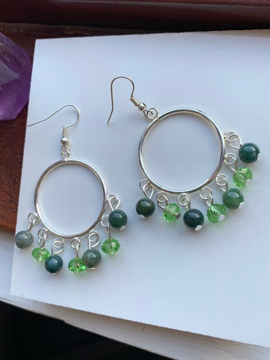 Indian Agate Gemstone & Green Crystal Beaded Hoop Chandelier Earrings