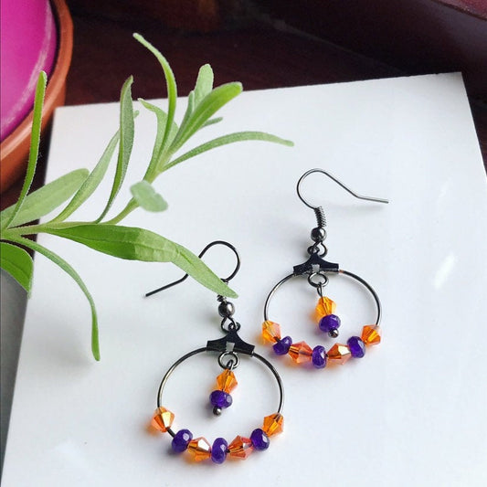 Purple Quartzite Gemstone & Orange Swarovski Crystal Hoop Black Earrings