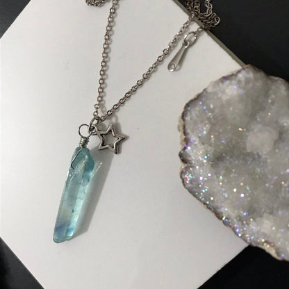 Baby Blue Aura Quartz Crystal Gemstone Star Charm Pendant Silver Necklace