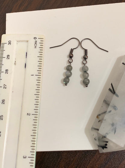 Labradorite Crystal Gemstone Black Metal Dainty Drop Earrings