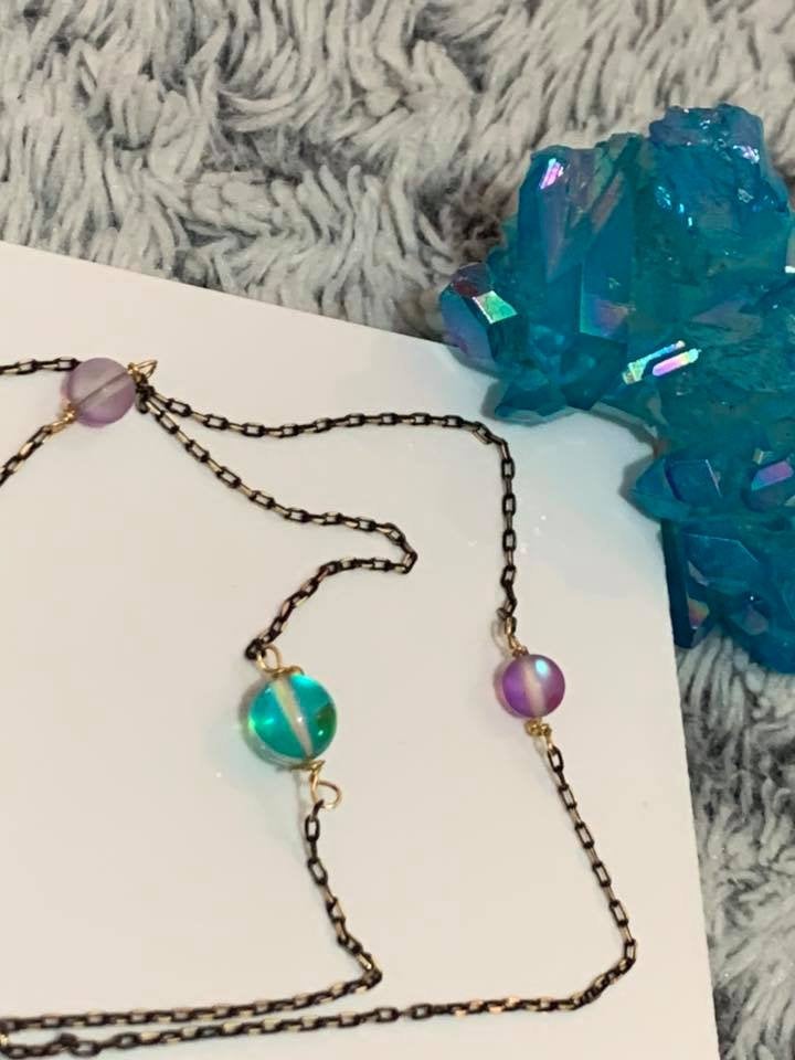 Frosted Purple Aura & Aqua Aura Quartz Gemstone Rainbow Iridescent Crystal Logo Tag Necklace