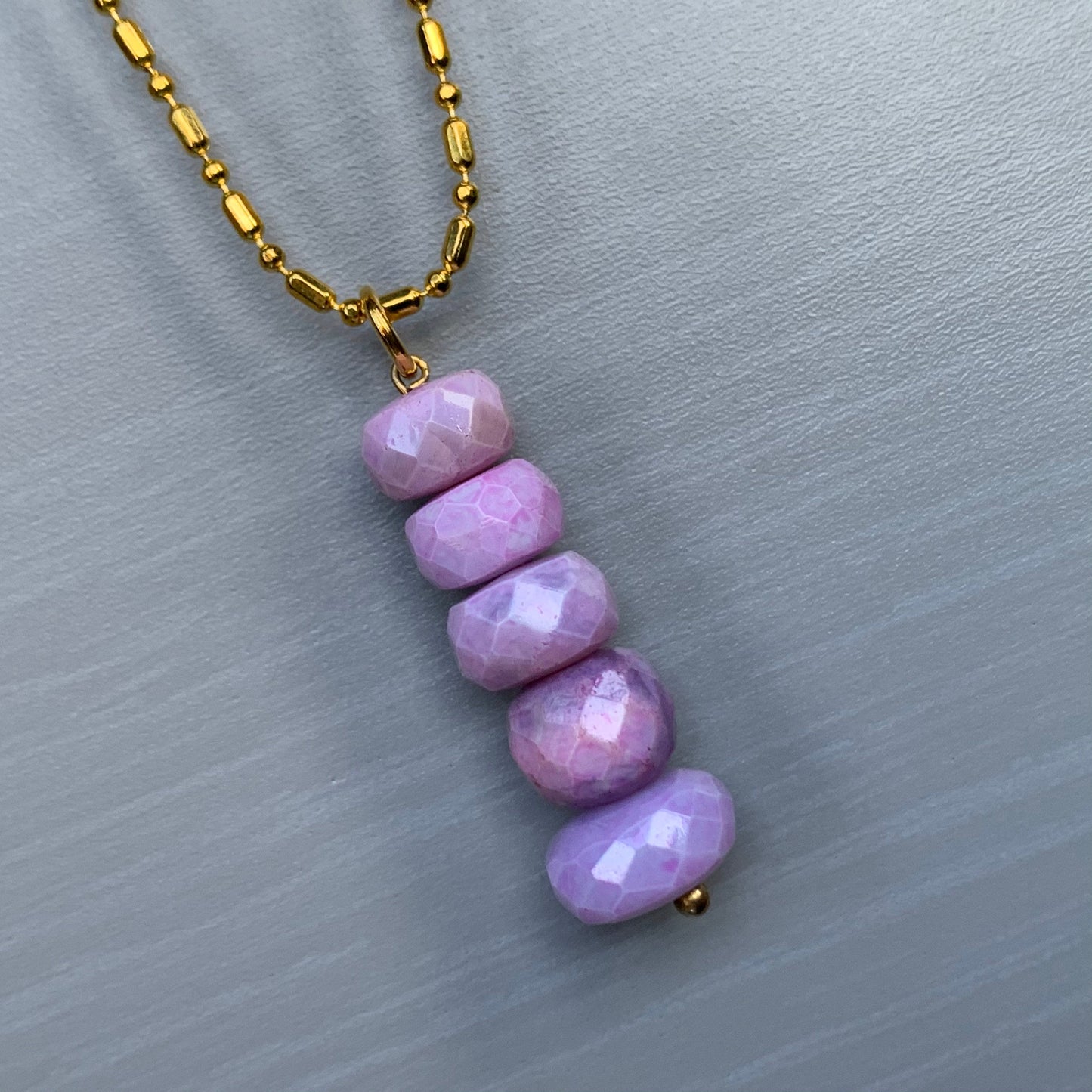 Lavender Pink Rondelle Opal Crystal Gemstone Gold Necklace