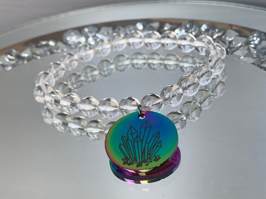 Clear Quartz Crystal Gemstone Stretch Bracelet  - Illumination Designs Rainbow Logo Tag