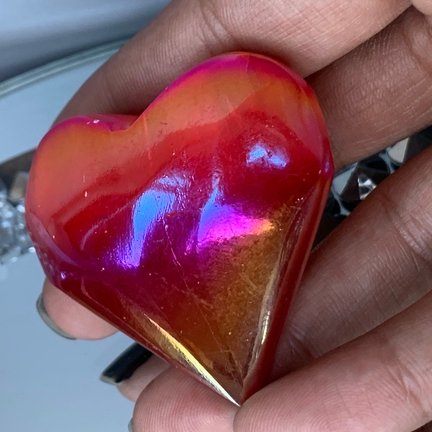 Red Aura Coated Selenite Satin Spar Crystal Gemstone Heart Carving
