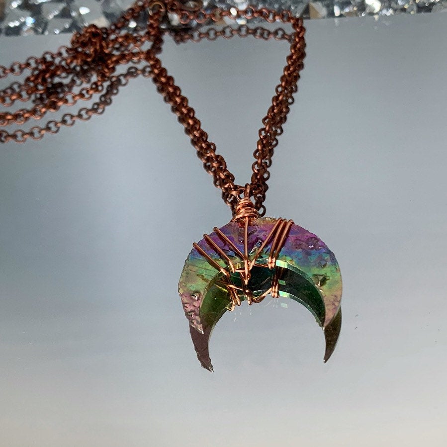 Moon Rainbow Bismuth Crystal Cut Out Metal Art Copper Necklace