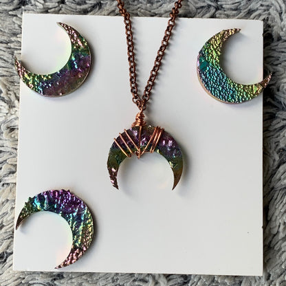 Moon Rainbow Bismuth Crystal Cut Out Metal Art Copper Necklace