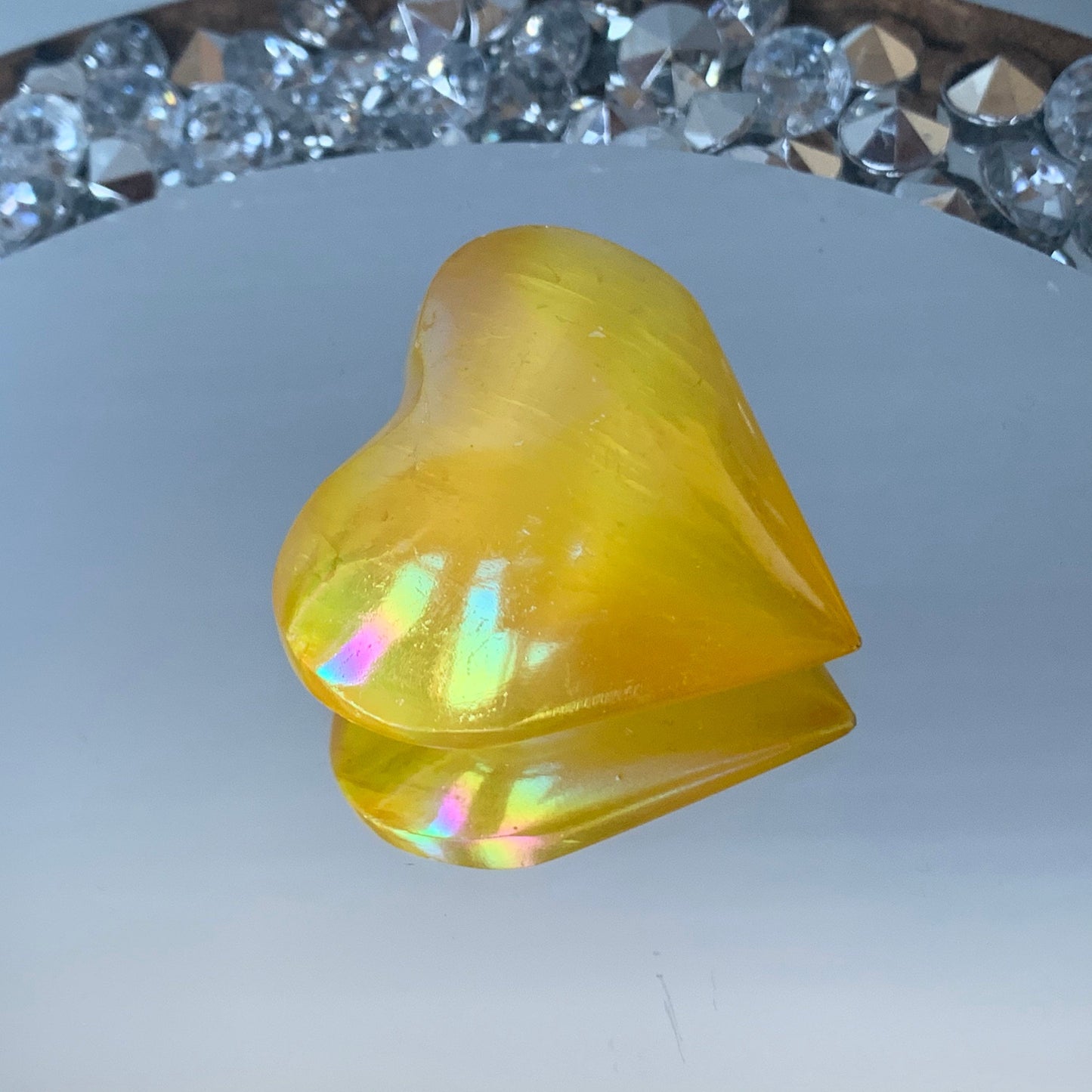 Yellow Aura Coated Selenite Satin Spar Crystal Gemstone Heart Carving