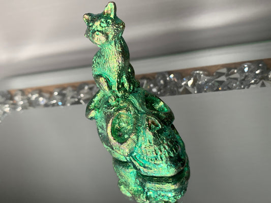 Green Bismuth Crystal Cat on Skull Metal Art Sculpture