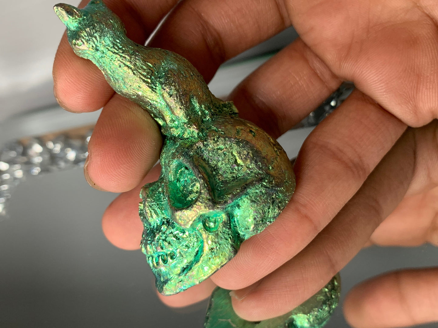 Green Bismuth Crystal Cat on Skull Metal Art Sculpture