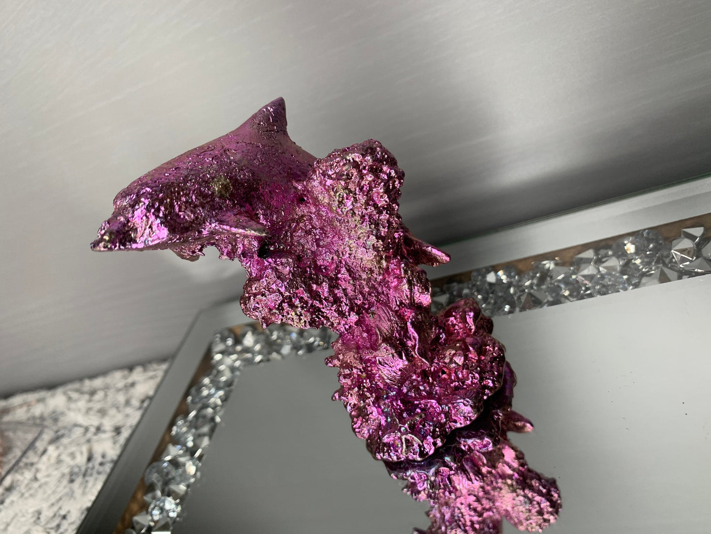Pink Bismuth Crystal Large Dolphin Wave Metal Art Sculpture