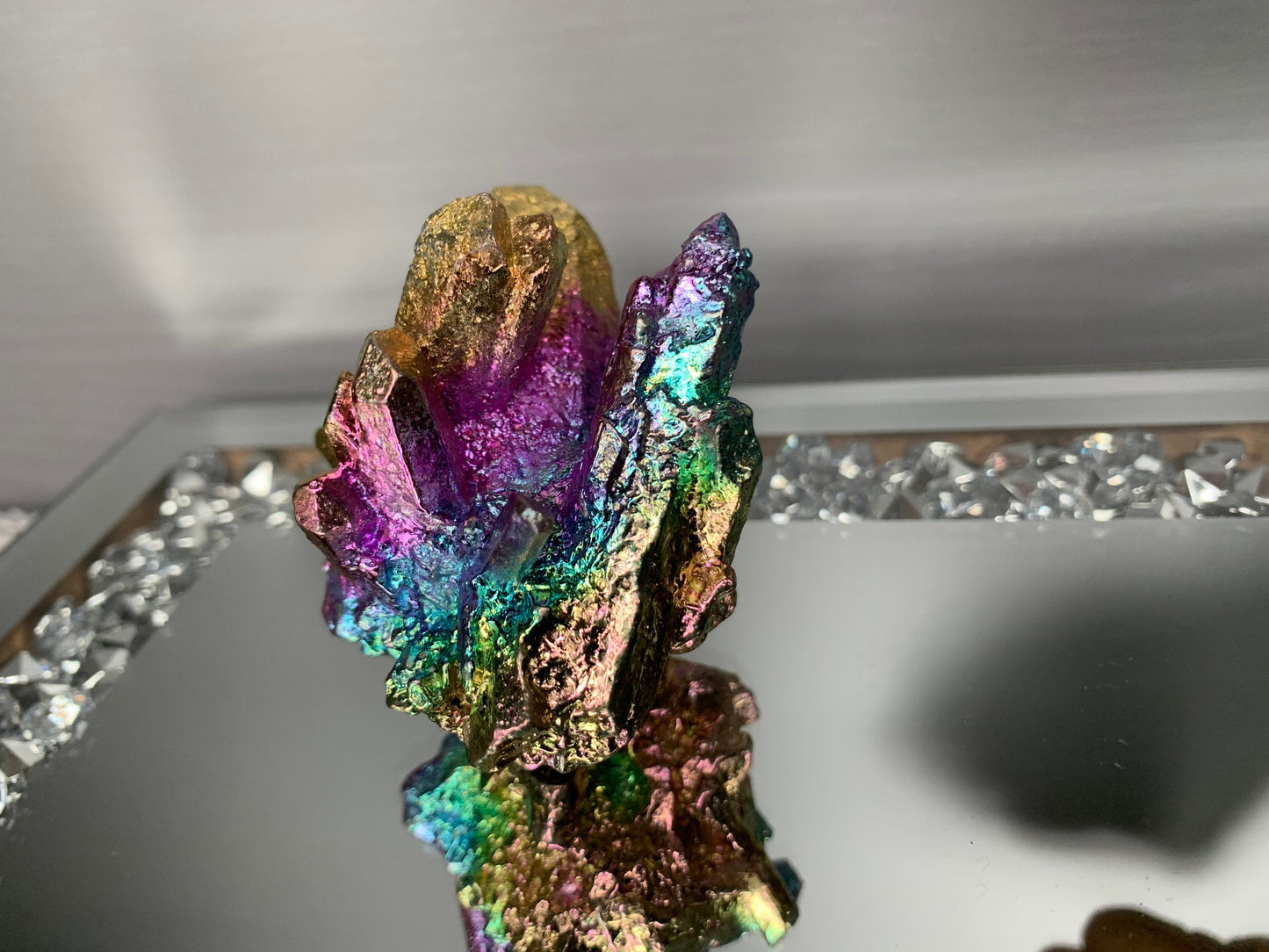 Rainbow Bismuth Crystal Quartz Cluster Metal Art Sculpture