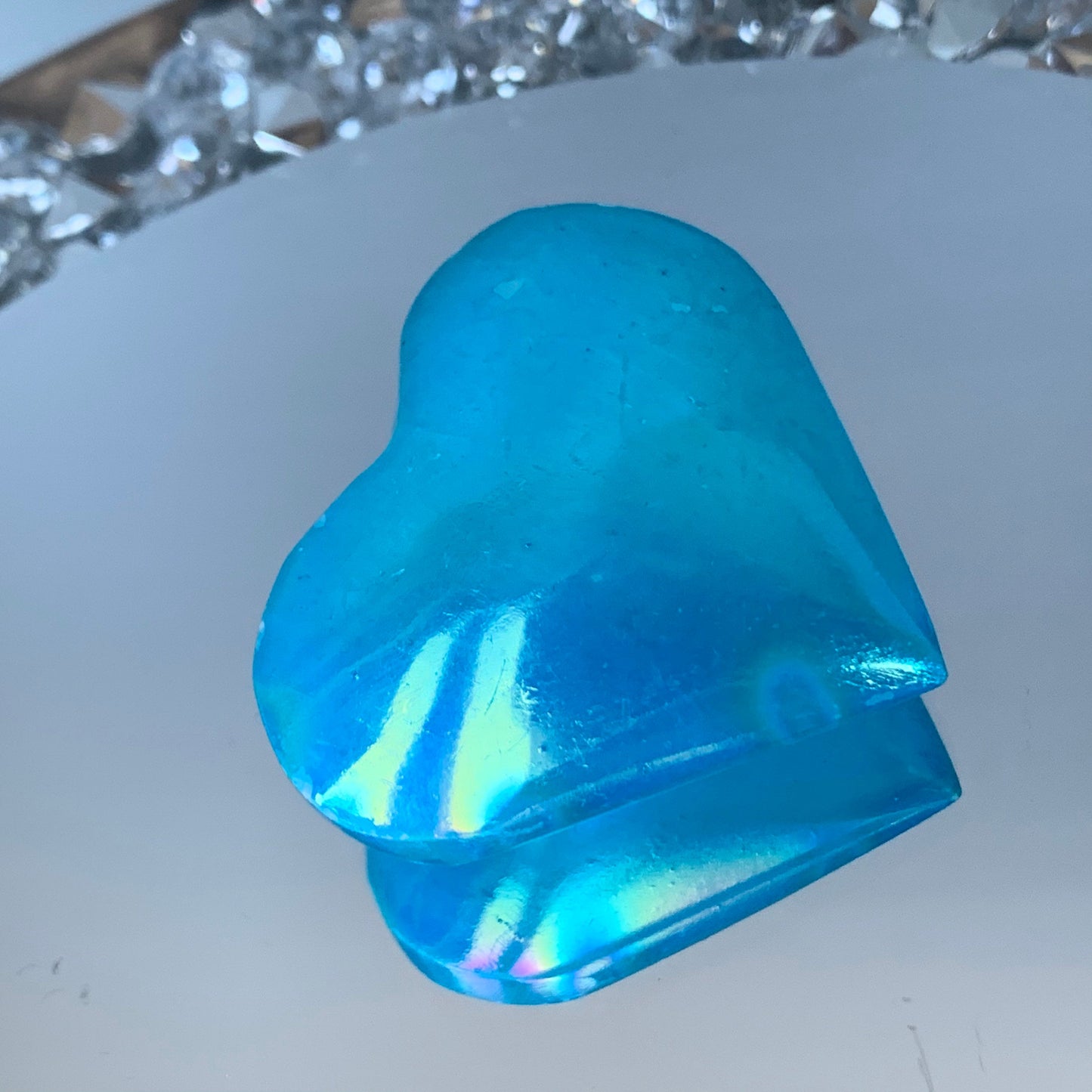 Aqua Blue Aura Coated Selenite Satin Spar Crystal Gemstone Heart Carving