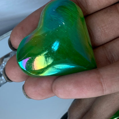 Green Aura Coated Selenite Satin Spar Crystal Gemstone Heart Carving