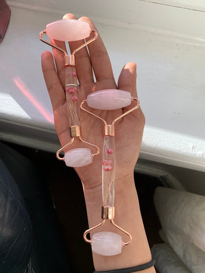Rose Quartz Crystal Gemstone Massage Roller Wand Pressed Resin Flower — Self-Care Tool