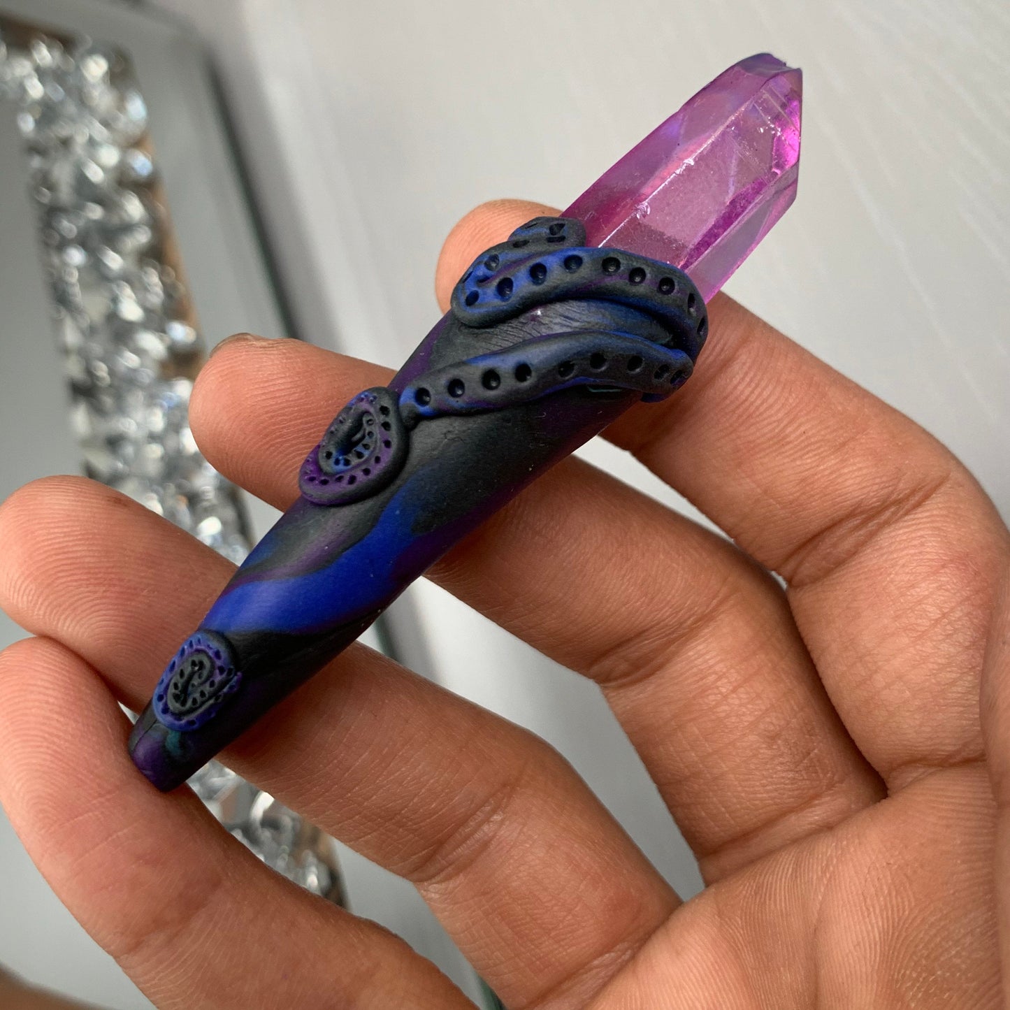 Purple Aura Quartz Crystal Gemstone Black Swirl Clay Wand - Dark Side