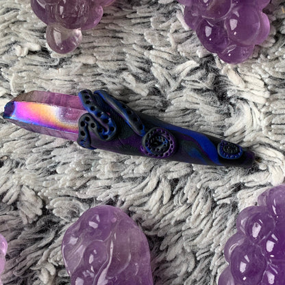 Purple Aura Quartz Crystal Gemstone Black Swirl Clay Wand - Dark Side