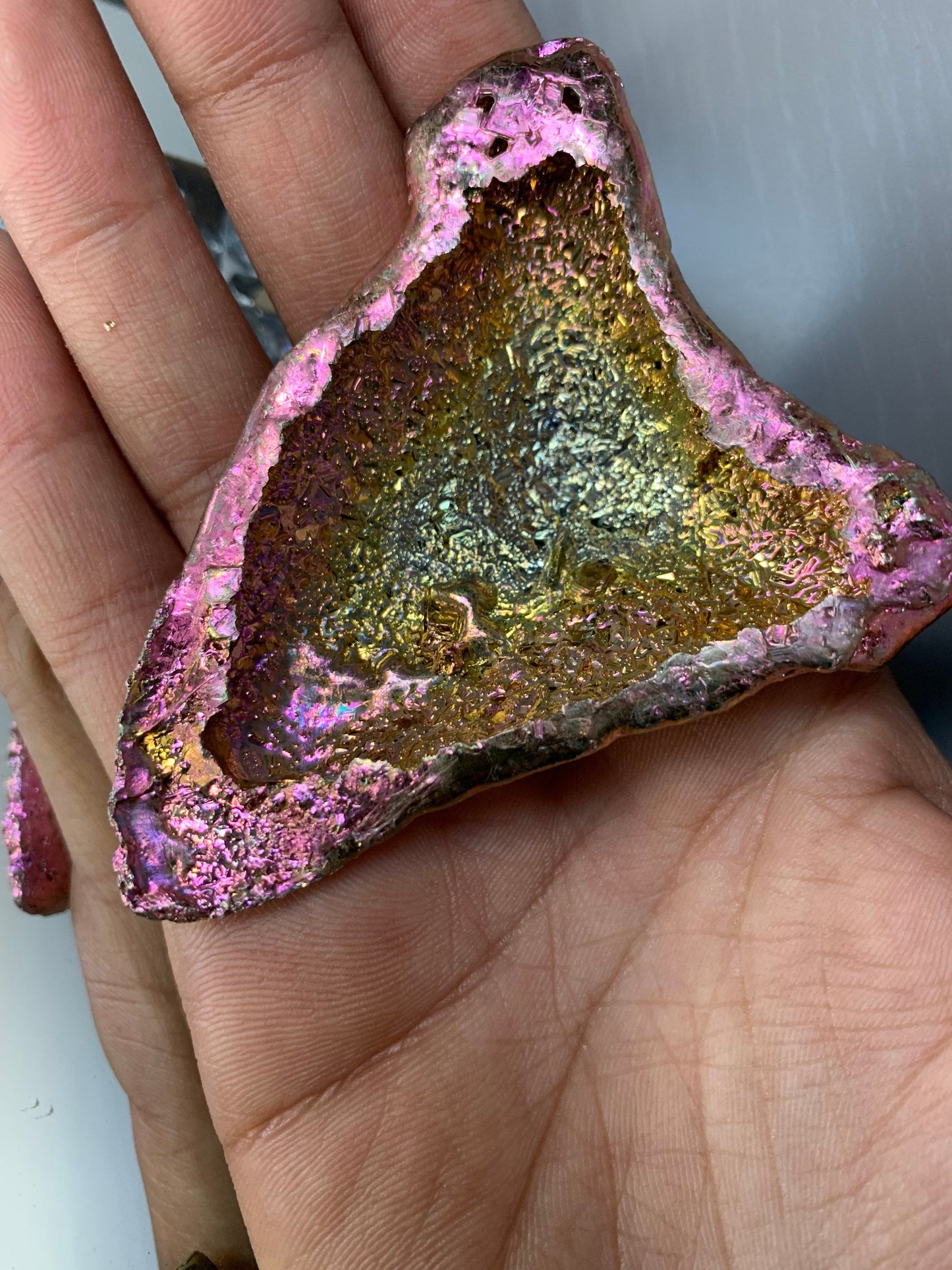 Pink Bismuth Crystal Megalodon Fossil Shark Tooth Metal Art Sculpture