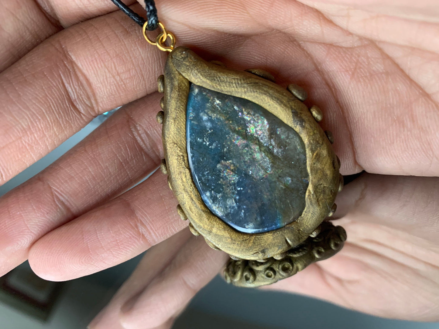 Enchanted Mirror Gold Clay Labradorite Crystal Gemstone Pendant Necklace