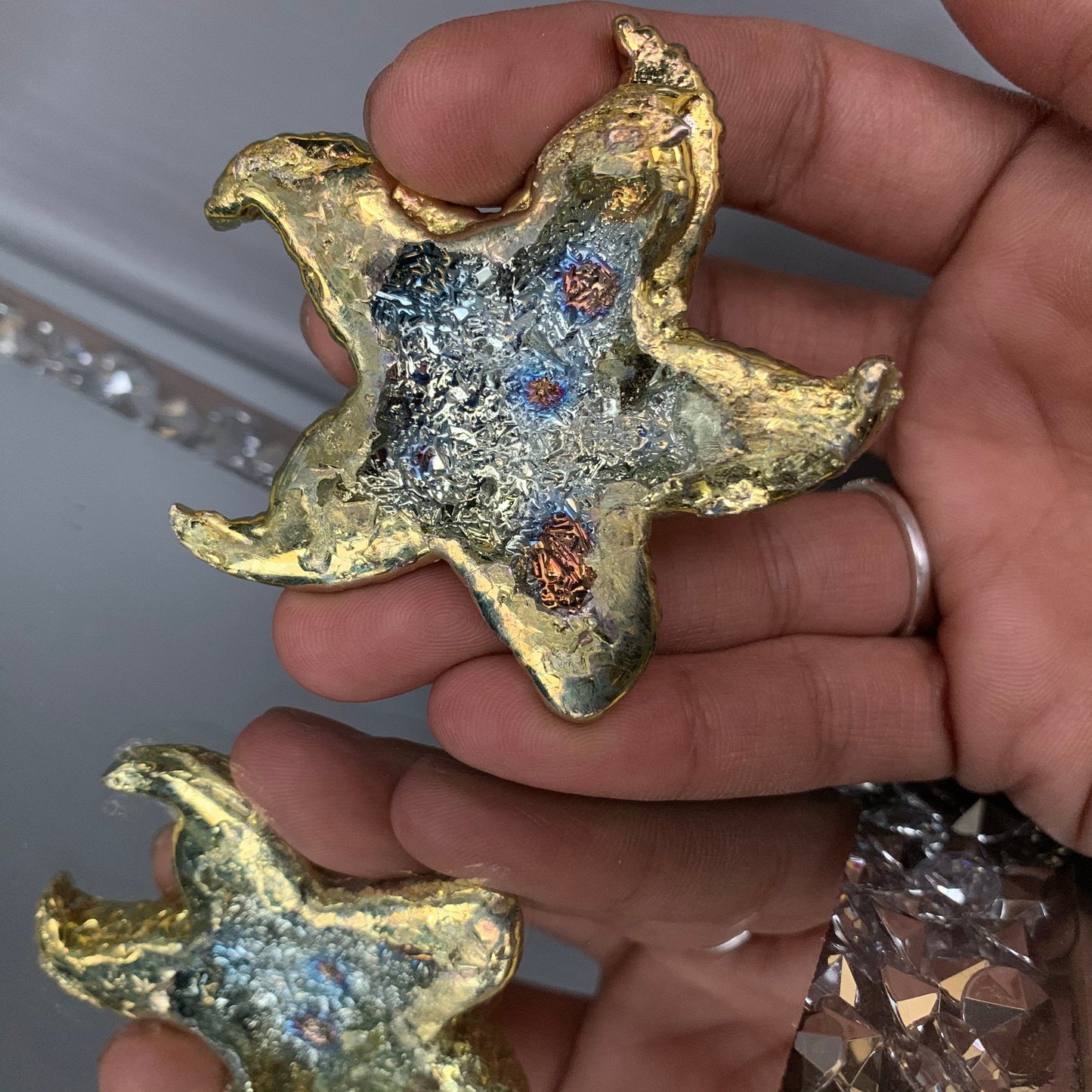 Gold Bismuth Crystal Large Starfish Metal Art Sculpture