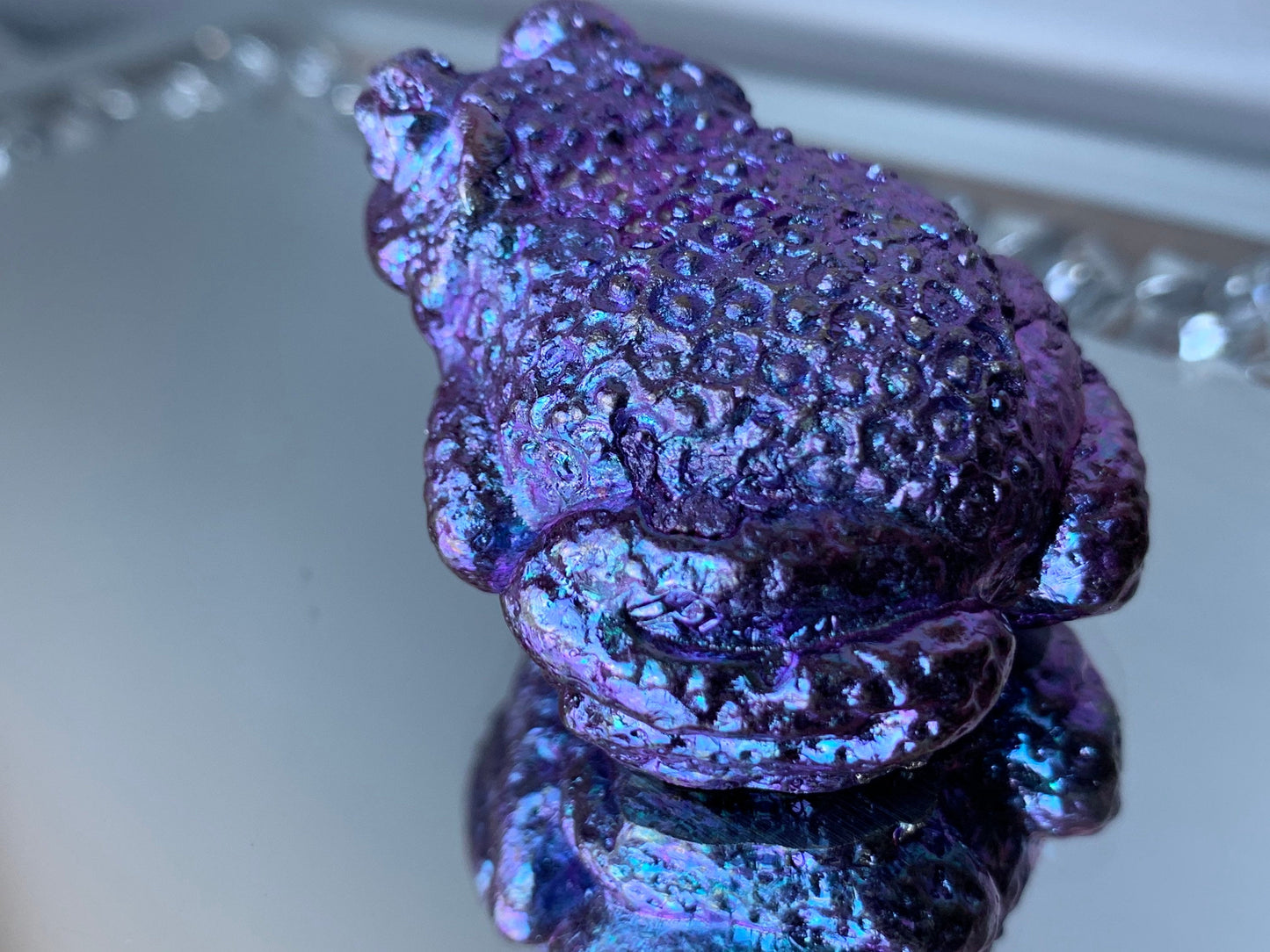 Purple Blue Bismuth Crystal Small Toad Metal Art Sculpture