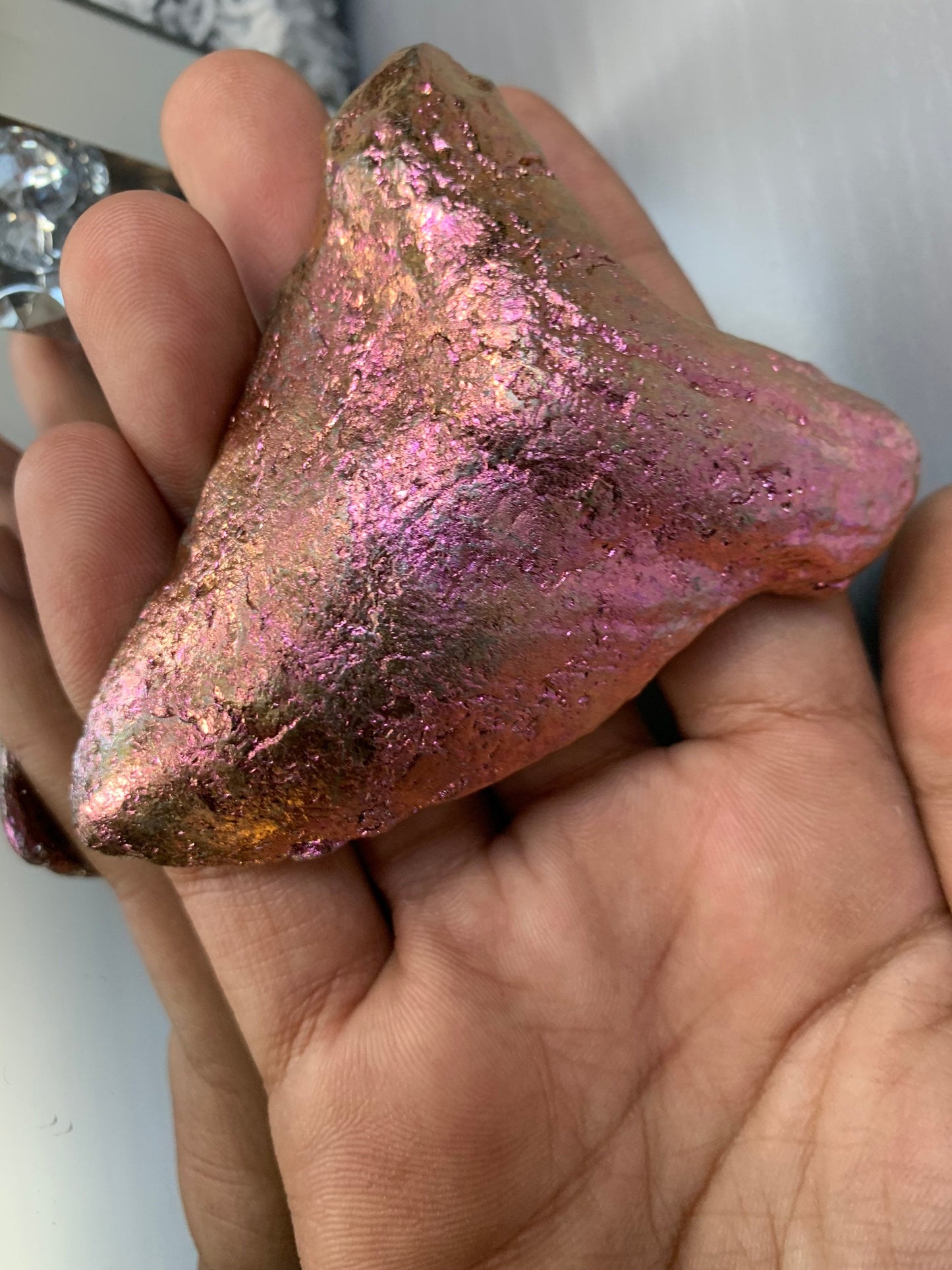 Pink Bismuth Crystal Megalodon Fossil Shark Tooth Metal Art Sculpture