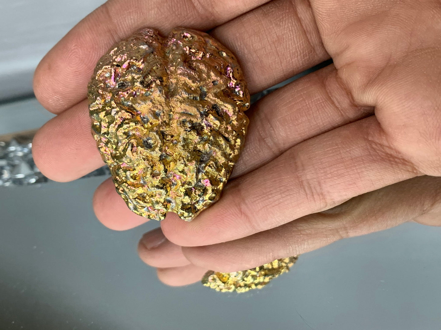 Peach Gold Bismuth Crystal Brain Metal Art Sculpture