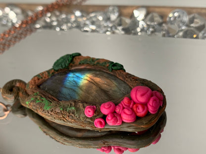 Labradorite Crystal Gemstone Enchanted Rose Clay Pendant Necklace
