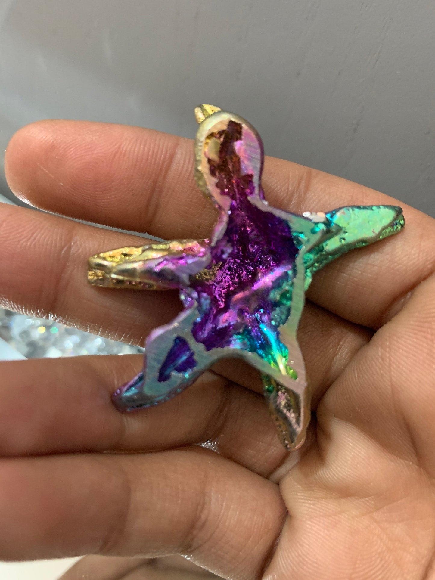 Rainbow Bismuth Crystal Small Starfish Metal Art Sculpture